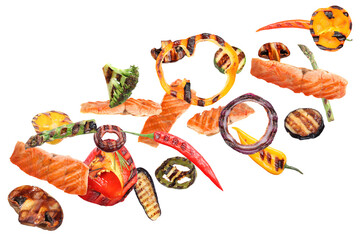 Wall Mural - Delicious grilled salmon and vegetables flying on white background