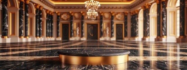 A large room with a gold chandelier and marble floors