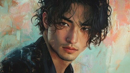 Poster - Close-Up Oil Painting Portrait of a Young Man with Wet Hair