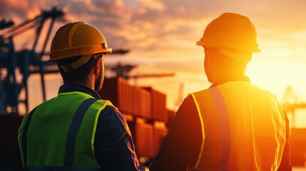 Two construction workers wearing safety gear, overlooking a shipping yard at sunset, emphasizing teamwork and industry progress.