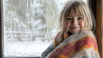 A cheerful child wrapped in a colorful blanket, smiling warmly beside a frosty window, capturing the essence of winter coziness.