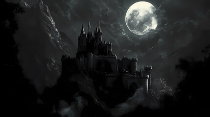 Poster - A vampire castle on a mountain at night. generative ai. Vampire. Illustration