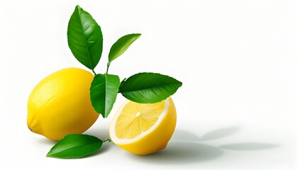 Vibrant lemons with lush green leaves on a pristine white background, perfect for showcasing healthy nutrition and vitamin C benefits in advertising and design.