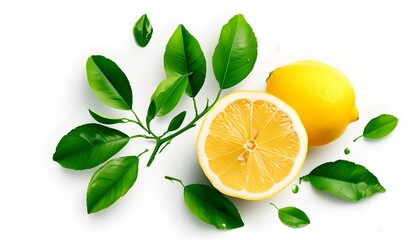 Vibrant lemons with lush green leaves on a pristine white background, perfect for showcasing healthy nutrition and vitamin C benefits in advertising and design.