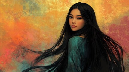 Wall Mural - Portrait of a Woman with Long Black Hair and Teal Dress Against a Painted Background