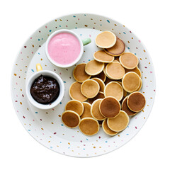 Wall Mural - Mini pancakes png kids breakfast treat, chocolate spread and strawberry yogurt