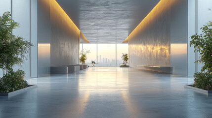 Wall Mural - Modern lobby with a city view.