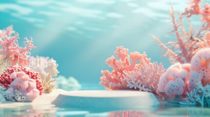 A beautiful underwater scene with pink coral and a white pedestal