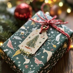 Sticker - A beautifully wrapped Christmas gift with festive decorations and a tag.