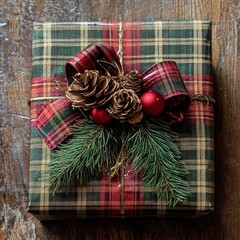 Sticker - A beautifully wrapped Christmas gift with festive decorations.