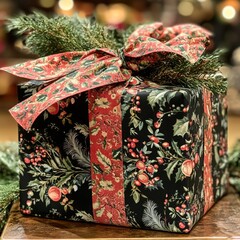 Sticker - A beautifully wrapped gift adorned with festive floral patterns and a bow.