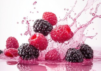 Wall Mural - Raspberries and Blackberries Splashing in Pink Juice