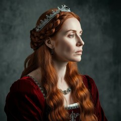 Canvas Print - Contemplative medieval queen in red dress with white collar and crown on dark gray background.