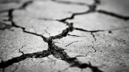 A close-up view of cracked, dry ground in monochrome, highlighting environmental degradation.