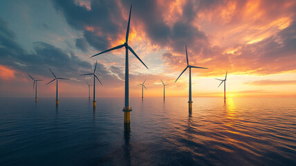 A group of wind turbines are in the ocean