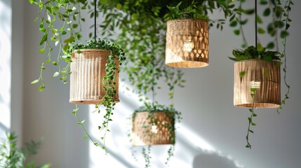 Poster - Eco-chic wicker chandelier and hanging green plants in modern minimal interior design.