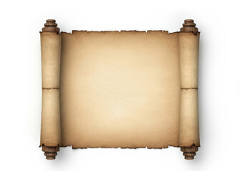 Canvas Print - Medieval scroll of old parchment paper with wooden handles isolated on white background