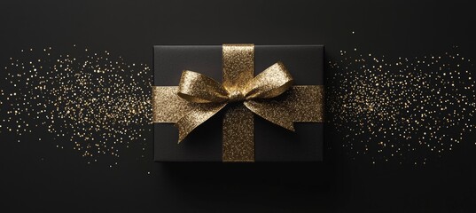 Wall Mural - Luxurious Black Gift Box with Glittery Gold Ribbon for Elegant Holiday Celebrations and Festive Decor