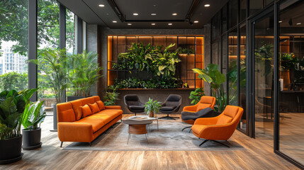 Wall Mural - Modern office lounge with orange seating.