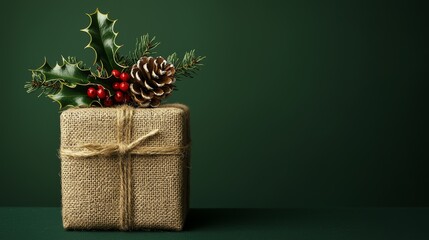 Wall Mural - Rustic Gift Box with Pinecone and Holly Decoration on Green Background for Festive Holiday Designs