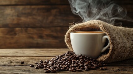 Freshly Brewed Coffee with Roasted Beans in Burlap Sack on Rustic Wooden Table