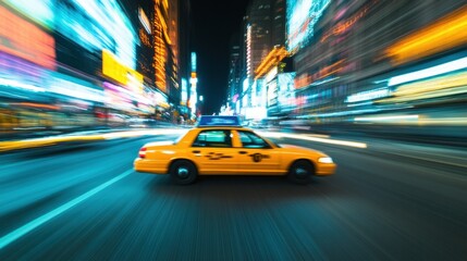 Wall Mural - A yellow taxi moves through a vibrant, illuminated city street at night.