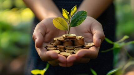 Plant Growing on Coins in Hand