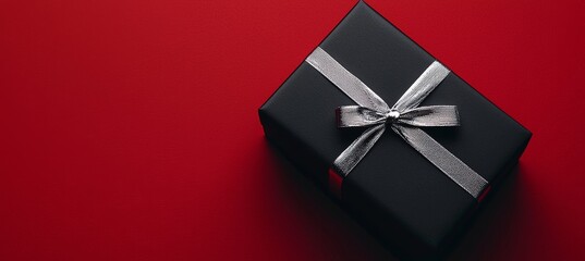 Sticker - Luxurious Black Gift Box with Silver Ribbon on Deep Red Background for Upscale Celebrations and Gifting