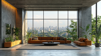 Sticker - Modern living room with city view & large windows.