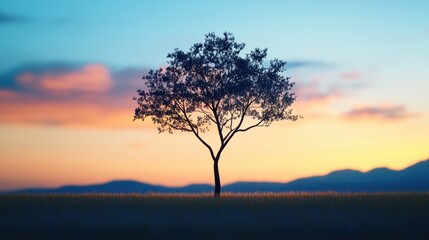 Wall Mural - A single tree stands tall against the twilight sky, its branches reaching up to embrace the fading light, a solitary sentinel in the gathering darkness.