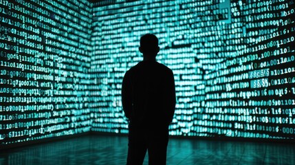 Silhouette of a person standing in front of a wall of binary code