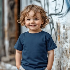 Beautiful little baby model mockup. Toddler boy wearing basic tshirt mock up. Kids blank t-shirt template. Short sleeve navy blue shirt mock. Children's normal crewneck tee