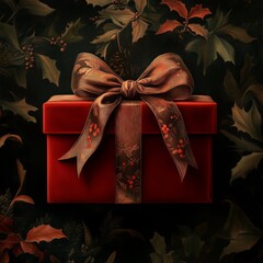 Wall Mural - A beautifully wrapped red gift box adorned with a decorative ribbon against a dark foliage background.