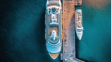 Aerial view of two cruise ships docked at a port with calm blue waters.