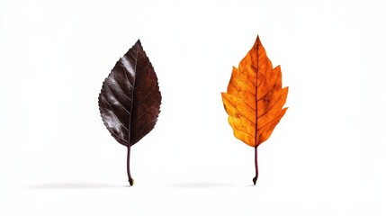 Two distinct leaves showcasing contrasting colors, representing the beauty of nature and seasonal change.