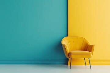 Wall Mural - Modern room showcasing minimalist design, featuring a striking yellow chair against a blue and yellow background wall.