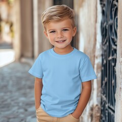 Cute toddler boy model mockup. Little boy wearing basic tshirt mock up. Kids blank t-shirt template. Normal plain crewneck light blue shirt mock. Children's casual regular tee Short sleeve