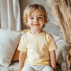 Cute toddler boy model mockup. Little boy wearing basic tshirt mock up. Kids blank t-shirt template. Normal plain crewneck yellow shirt mock. Children's casual regular tee. Short sleeve baby clothes