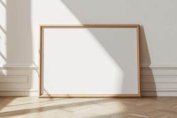 horizontal frame on floor mockup blank poster. wooden frame mock up empty print background. wood pic