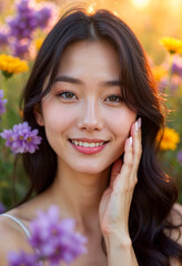 Wall Mural - Beautiful Asian Woman Smiling in a Field of Flowers Beauty Wellness and Natural Skincare Concept