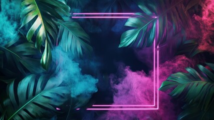 Wall Mural - Tropical Leaves and Neon Light in Smoky Atmosphere