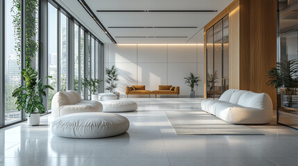 Poster - A modern office lobby with white and brown furniture.