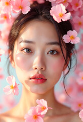 Sticker - Beautiful Asian Woman with Pink Flowers Skincare Beauty Portrait Spring Cosmetics Floral Perfume Fragrance Makeup