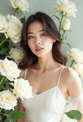 Wall Mural - Beautiful Asian woman with white roses beauty portrait elegant delicate makeup cosmetics skincare white dress spring summer flowers romantic love date wedding engagement purity innocence pure natural