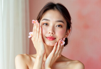 Wall Mural - Beautiful Asian woman with clean skin touching her face cosmetology health spa skincare wellness beauty treatment natural cosmetics model portrait pink background flowers delicate makeup