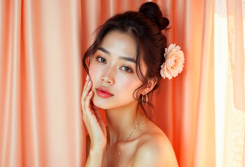 Wall Mural - Beautiful Asian woman with flower in hair posing on peach curtain background beauty portrait natural makeup cosmetics skincare spa salon wellness femininity sensual soft image tenderness pastel colors