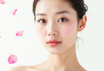 Sticker - Beautiful Asian woman with healthy skin and pink flower petals skincare beauty portrait