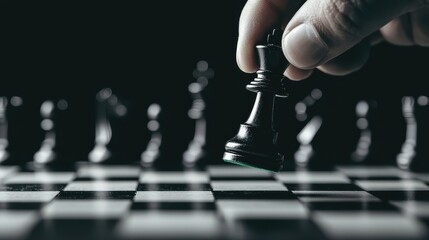 Wall Mural - A chessboard with a single hand moving the queen piece forward, while other pieces fade into the background, representing proactive strategic thinking and planning ahead