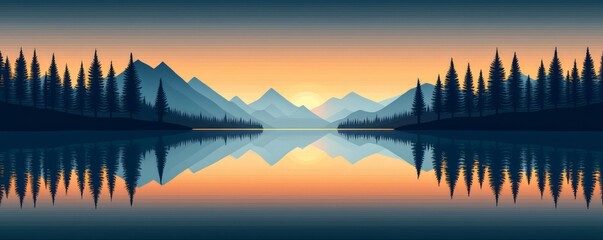 Tranquil landscape featuring mountains and reflective water at sunset, creating a serene and picturesque natural scene.