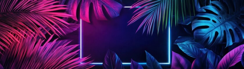 Canvas Print - Tropical Leaves Glowing with Neon Light